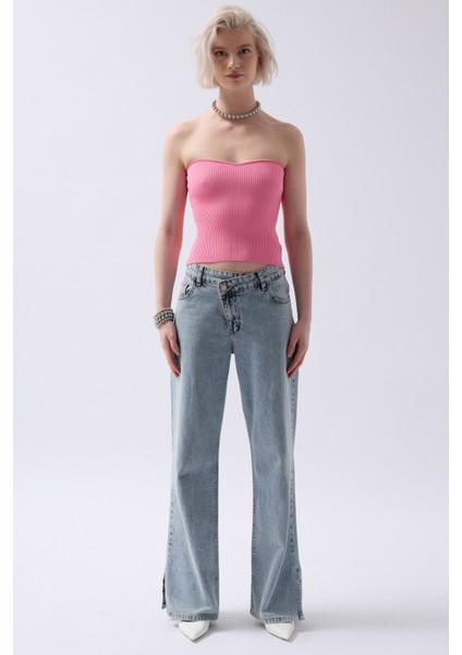 Straplez Dokulu Pembe Crop modelleri