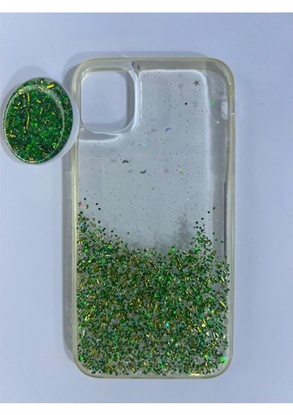 Iphone 11 Yeşil Işıltılı Yüzüklü Baskılı Sert Silikon