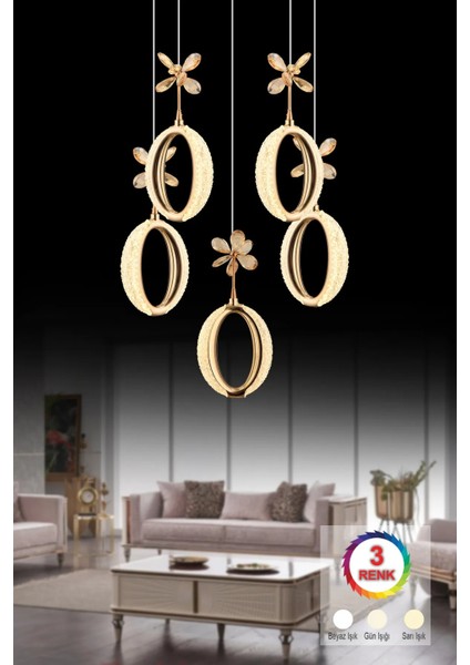 Istanbul Avize Zeus 5'li Gold Kumandalı 3 Renk Ledli Modern LED Avize