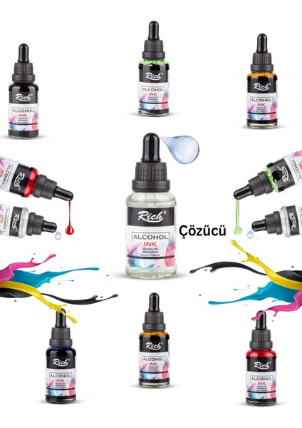 Rich Alcohol Ink Alkol Bazlı Mürekkep 30 ml 6'lı Set 1 Adet Çözücü