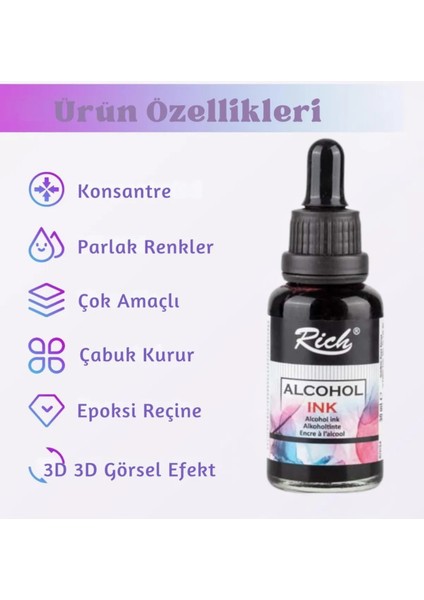 Rich Alcohol Ink Alkol Bazlı Mürekkep 30 ml 6'lı Set 1 Adet Çözücü