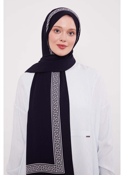 Lacivert Labirent Desen Medine Ipeği Şal