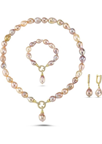Halka Kilitli Multicolor Doğal Barok İnci Küpe Kolye Bileklik Üçlü Set