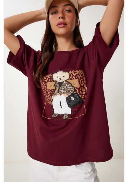 Ayıcık Armalı Pamuklu Oversize Örme T-Shirt Bordo LCR0038