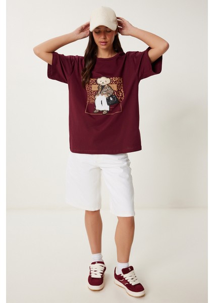 Ayıcık Armalı Pamuklu Oversize Örme T-Shirt Bordo LCR0038 modelleri