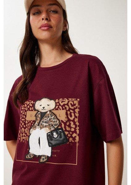 Ayıcık Armalı Pamuklu Oversize Örme T-Shirt Bordo LCR0038 fırsatları