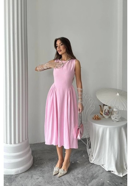 Pembe Yanları Büzgülü Midi Boy Keten Elbise modelleri