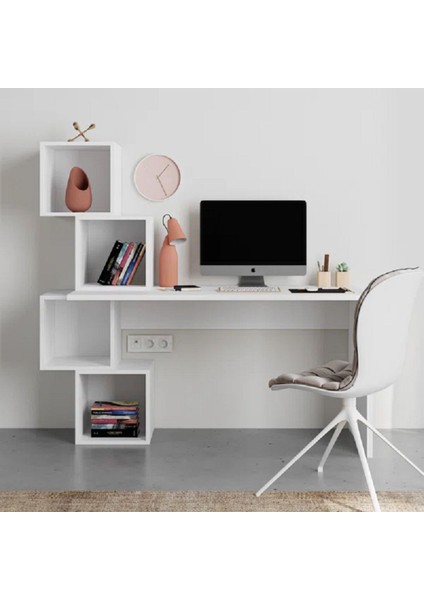 %100 Mdf Çalışma Masası, Bilgisayar Masası, Kitaplıklı Çalışma Masası, Beyaz Ders Çalışma Masası