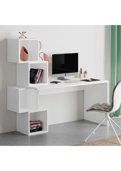 %100 Mdf Çalışma Masası, Bilgisayar Masası, Kitaplıklı Çalışma Masası, Beyaz Ders Çalışma Masası