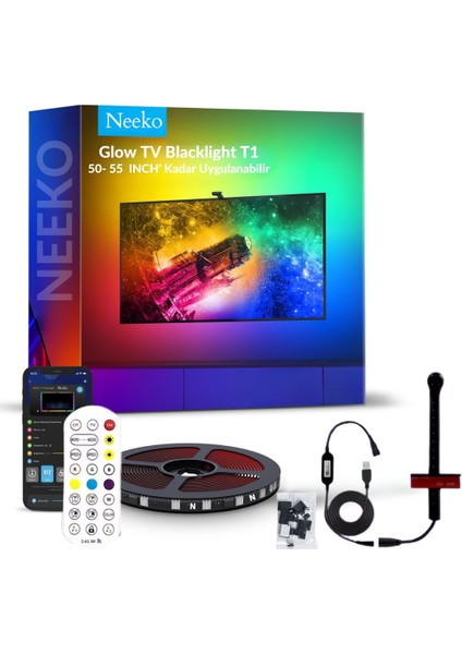 Glow T1 Tv Senkronize Ambiyans Akıllı LED | Sese Duyarlı, Telefon ve Kumanda Kontrollü 50 - 55 Inch Tv'ler ile Uyumludur