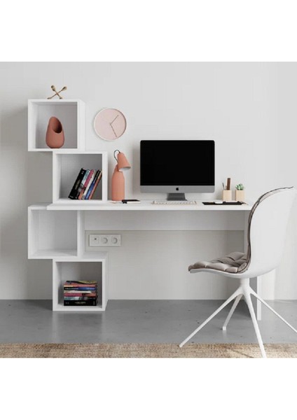 Beyaz Çalışma Masası, Kitaplıklı Çalışma Masası, Ofis Çalışma Masası, Ders Çalışma Masası- CM74