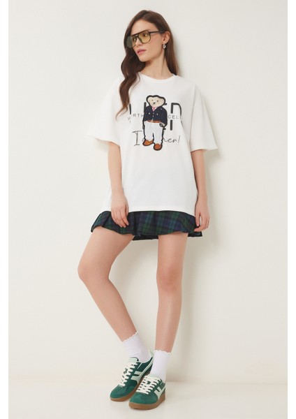 Ayıcık Armalı Pamuklu Oversize Örme T-Shirt Ekru LCR0027
