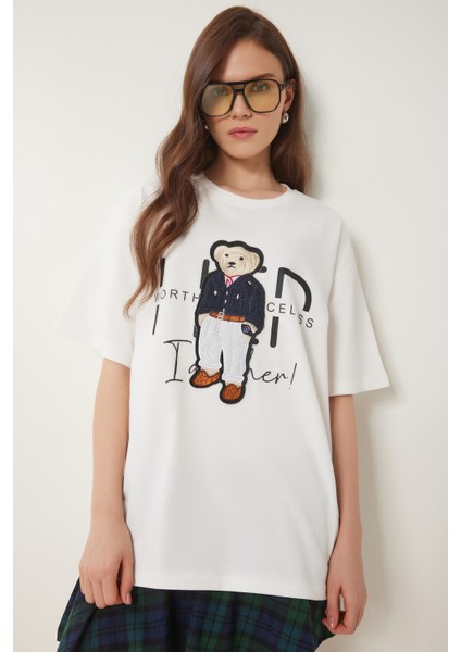 Ayıcık Armalı Pamuklu Oversize Örme T-Shirt Ekru LCR0027 fiyatları