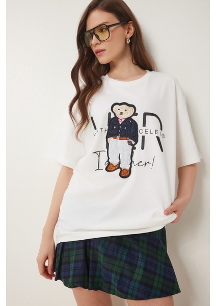 Ayıcık Armalı Pamuklu Oversize Örme T-Shirt Ekru LCR0027 modelleri