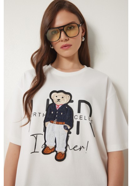 Ayıcık Armalı Pamuklu Oversize Örme T-Shirt Ekru LCR0027 fırsatları