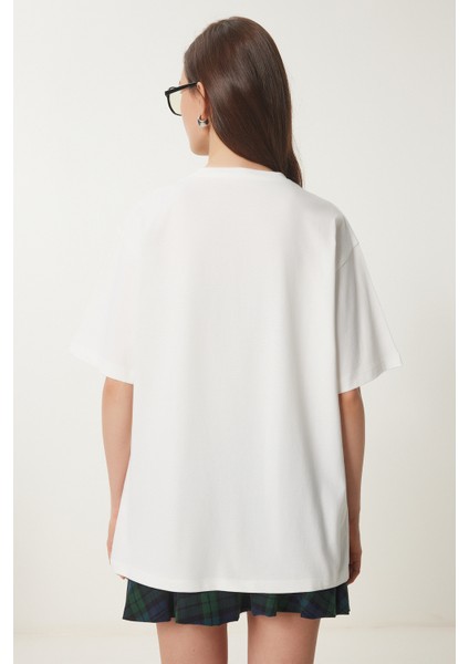 Ayıcık Armalı Pamuklu Oversize Örme T-Shirt Ekru LCR0027 indirimleri