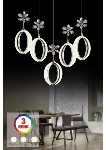 Istanbul Avize Zeus Yemek Masası 5'li Gümüş Kumandalı 3 Renk Ledli Modern LED Avize fiyatları