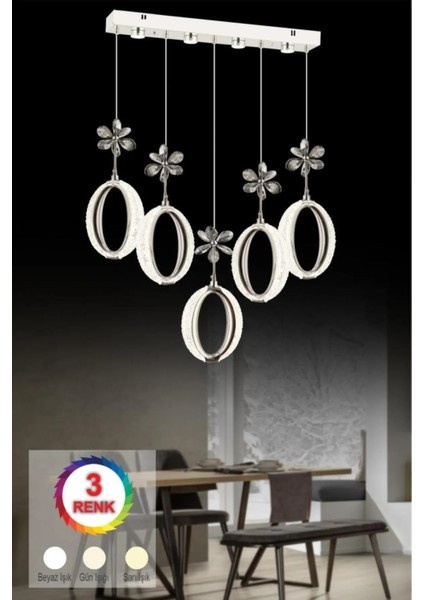 Istanbul Avize Zeus Yemek Masası 5'li Gümüş Kumandalı 3 Renk Ledli Modern LED Avize fırsatları
