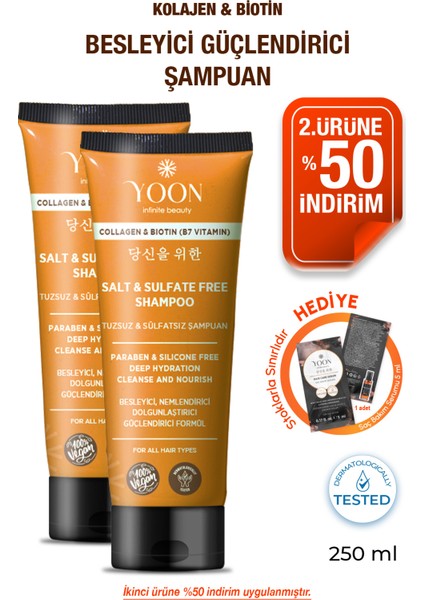 2'li Sülfatsız ve Tuzsuz Şampuan, Kolajen, Biotin B7, Içerikli Parabensiz Vegan Şampuan 2 Adet x 250ML
