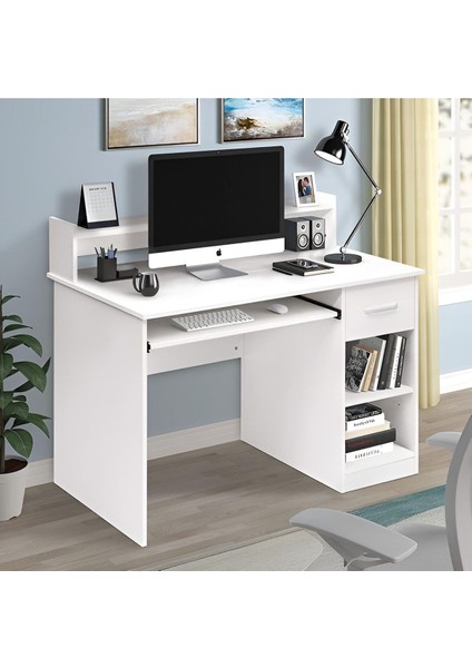 Kitaplıklı Çalışma Masası, Bilgisayar Masası, %100 Beyaz Mdf Çekmeceli Çalışma Masası CM102