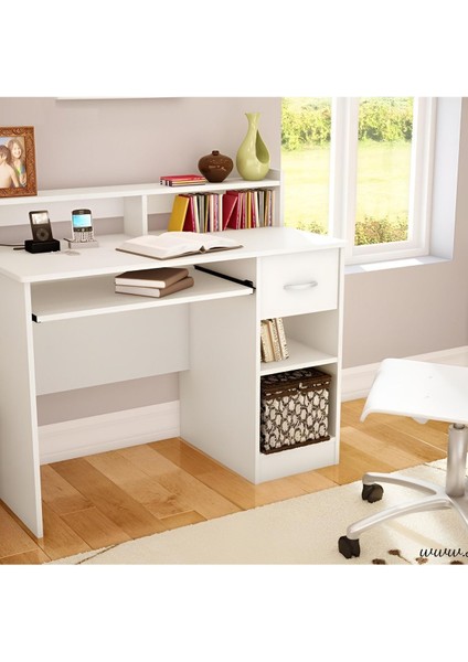 Kitaplıklı Çalışma Masası, Bilgisayar Masası, %100 Beyaz Mdf Çekmeceli Çalışma Masası CM102