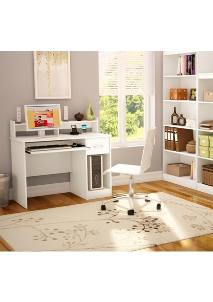 Kitaplıklı Çalışma Masası, Bilgisayar Masası, %100 Beyaz Mdf Çekmeceli Çalışma Masası CM102