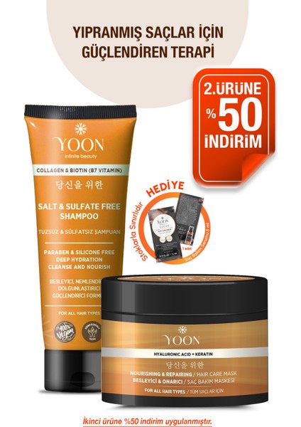 Vegan Tuzsuz Şampuan & Saç Bakım Maskesi 250ML, Hyaluronik Asit, Keratin, Kolajen ve Biotin 2'li Set