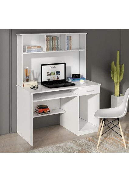 Kitaplıklı Çalışma Masası, Bilgisayar Masası, %100 Beyaz Mdf, Ofis Çalışma Masası, CM113X