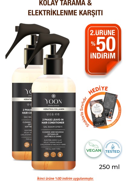 2'li Kolay Tarama Elektriklenme Karşıtı Kolajen ve Kerantinli Vegan Saç Bakım Spreyi 2 Adet x 250ML