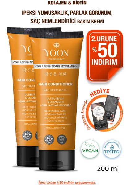 2'li Biotin B7 ve Kolajen Içeren Vegan Saç Kremi Besleyici ve Onarıcı Saç Bakım Kremi 2 Adet x 200ML