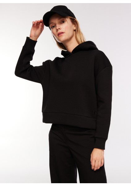 Siyah Kadın Kapüşonlu Düz Sweatshirt GOLA