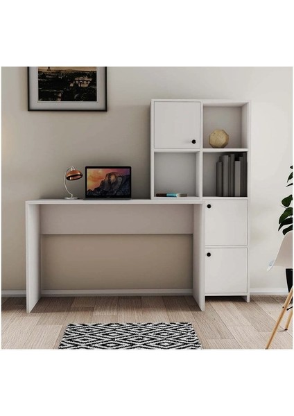 Kitaplıklı Çalışma Masası, Bilgisayar Masası, Beyaz Ofis Çalışma Masası - %100 Mdf Çalışma Masası