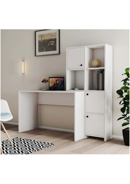 Kitaplıklı Çalışma Masası, Bilgisayar Masası, Beyaz Ofis Çalışma Masası - %100 Mdf Çalışma Masası