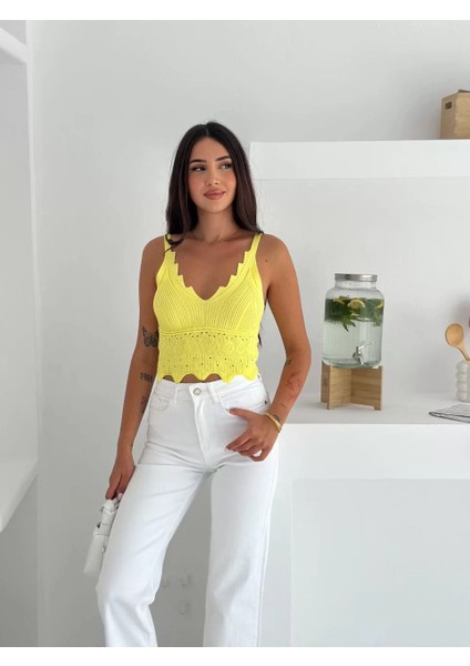 V Yaka Askılı Arkası Açık Triko Crop - Sarı fiyatları