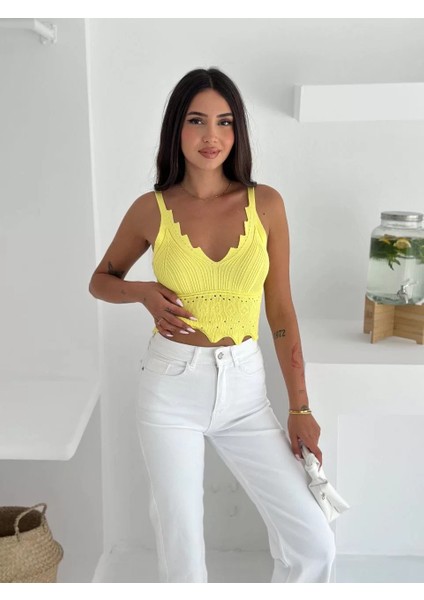 V Yaka Askılı Arkası Açık Triko Crop - Sarı fırsatları