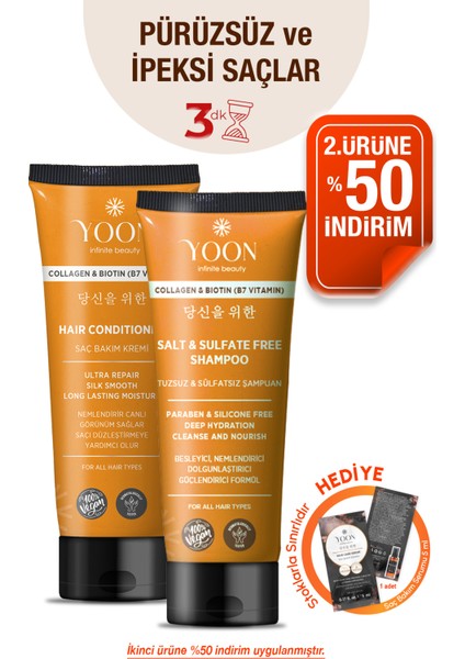 Vegan Tuzsuz Şampuan 250ML & Saç Bakım Kremi 200ML Sülfatsız, Kolajen ve Biotinli 2'li Besleyici Set