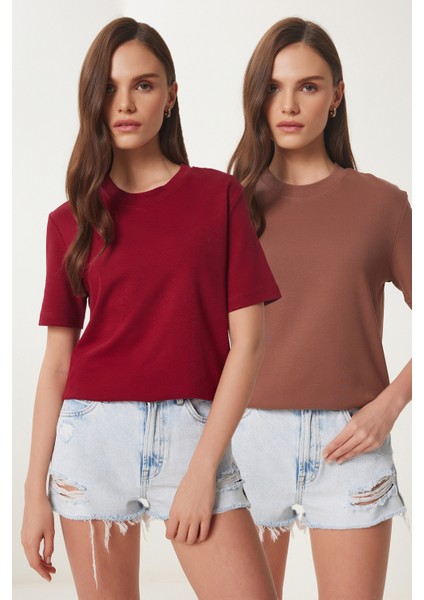 2'li Paket Pamuklu Basic Örme T-Shirt Bordo Kahverengi LAG0002