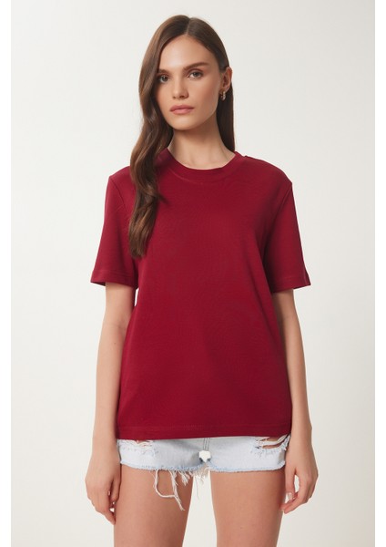 2'li Paket Pamuklu Basic Örme T-Shirt Bordo Kahverengi LAG0002 modelleri