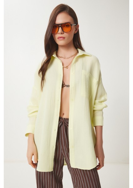 Oversize Basic Müslin Gömlek Açık Sarı LMX0002