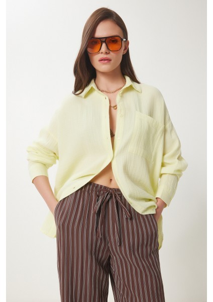 Oversize Basic Müslin Gömlek Açık Sarı LMX0002