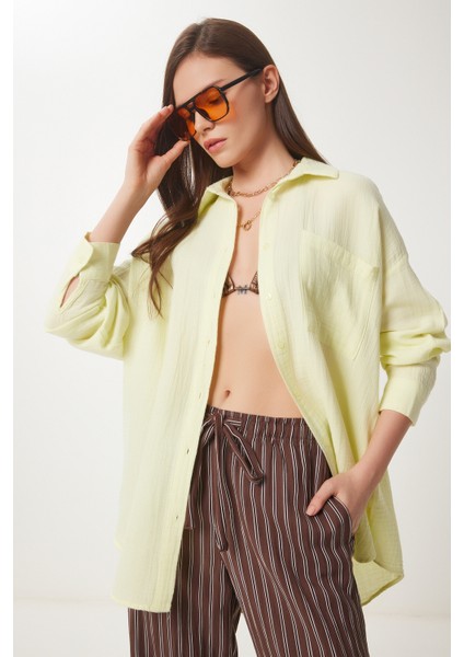Oversize Basic Müslin Gömlek Açık Sarı LMX0002
