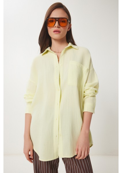 Oversize Basic Müslin Gömlek Açık Sarı LMX0002