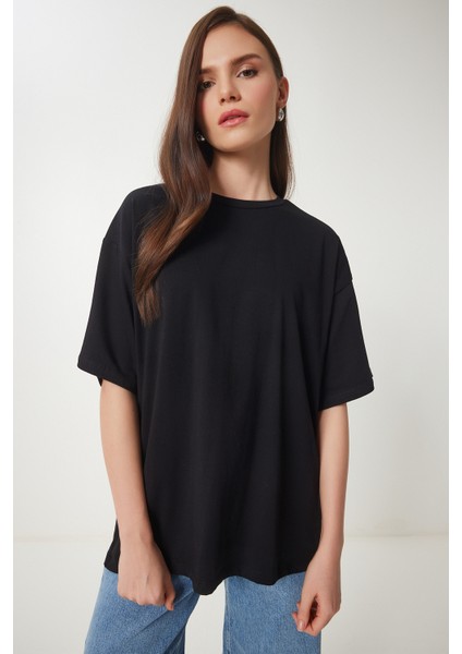 2'li Bisiklet Yaka Basic Oversize Örme T-Shirt Siyah Beyaz LBF0015 fiyatları