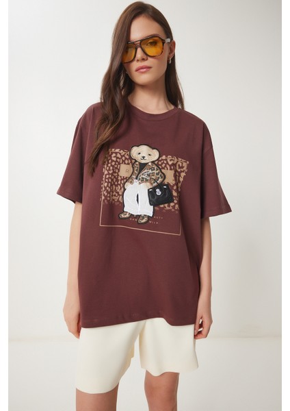 Ayıcık Armalı Pamuklu Oversize Örme T-Shirt Kahverengi LCR0038 fiyatları