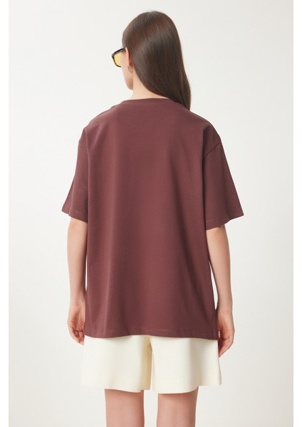Ayıcık Armalı Pamuklu Oversize Örme T-Shirt Kahverengi LCR0038 indirimleri