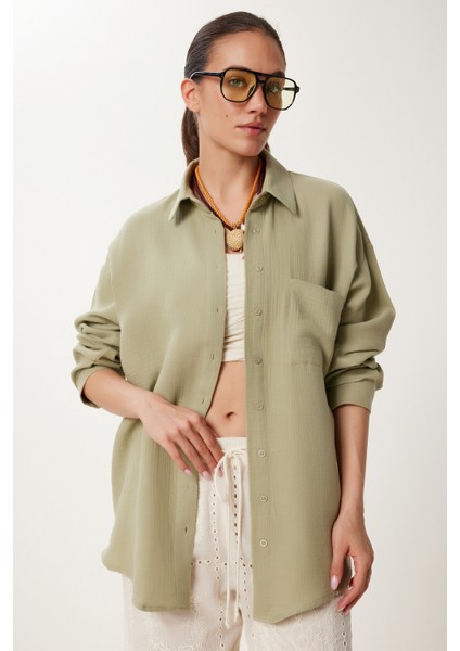 Oversize Basic Müslin Gömlek Açık Haki LMX0002