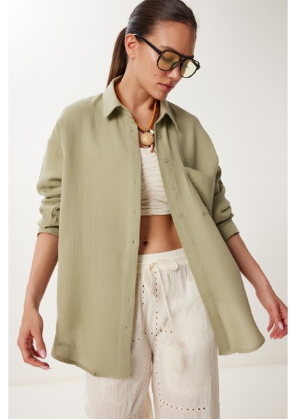 Oversize Basic Müslin Gömlek Açık Haki LMX0002