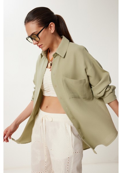 Oversize Basic Müslin Gömlek Açık Haki LMX0002
