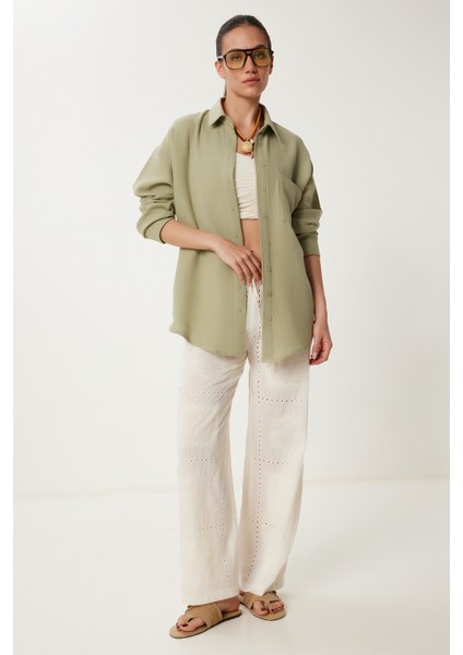 Oversize Basic Müslin Gömlek Açık Haki LMX0002