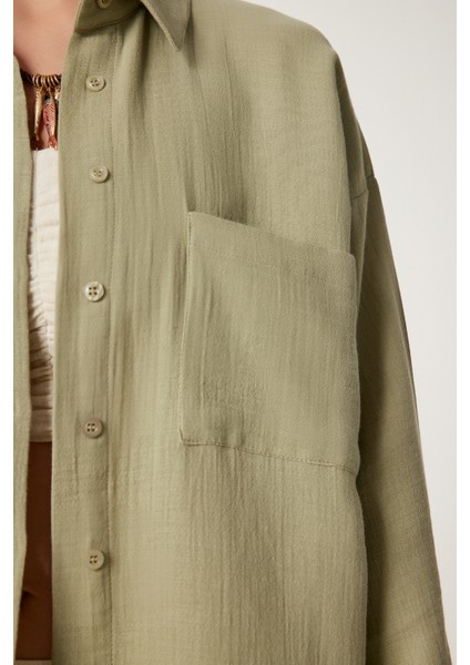 Oversize Basic Müslin Gömlek Açık Haki LMX0002